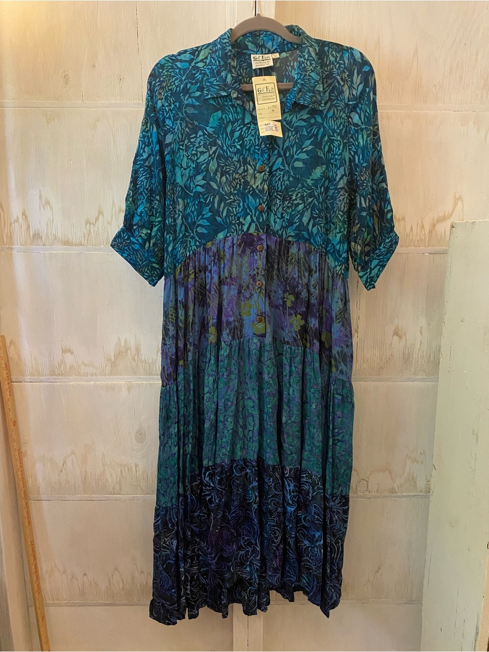 Vintage Batik Print Teal Purple Floral Button-Front Dress NWT Boho Artsy Large
